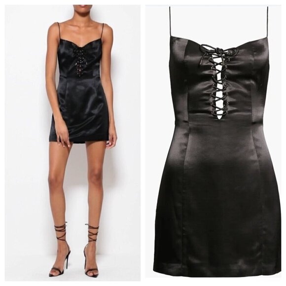 SAU LEE Polly Lace-up Front Satin Mini Slip Dress Black Womens Size 10 - Picture 1 of 13